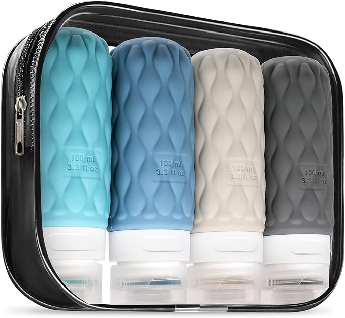 3.4oz Silicone Travel Bottles for Toiletries Refillable Liquid Accessories | for Shampoo and Conditioner, TSA Approved Leakproof Squeeze Bottles Travel-friendly with Labels/Clear Bag by Lericttor