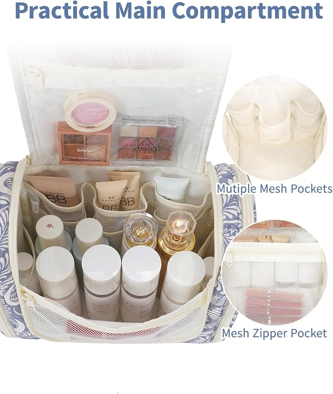 Narwey Hanging Toiletry Bag for Women Travel Makeup Bag Organizer Toiletries Bag Men for Cosmetics Essentials Accessories(Large, Blue Leaf) - Image 3