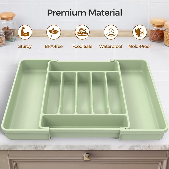 ukeetap Extra Large Expandable Silverware Organizer, Flatware Tray, Green | BPA-Free Food-Safe Kitchen Utensil Cutlery Drawer Organizer, Adjustable Silverware Holder for Spoons Forks Knives - Image 4