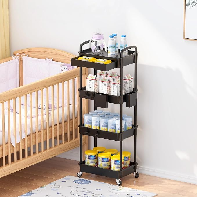 4 Tier Rolling Utility Cart with Drawer, Plastic Storage Organizer Rolling Carts with Wheels Handles Hanging Cups Hooks for Office, Bathroom, Kitchen,Craft Art Room (Black) - Image 7