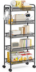 TOOLF 5 Tier Rolling Cart, Metal Utility Storage Cart with Wheels, Black | 3 Hooks, Screwless Assembly, Trolley Organizer for Bathroom, Kitchen, Office, Nursery, Dorm, Laundry Room by TOOLF
