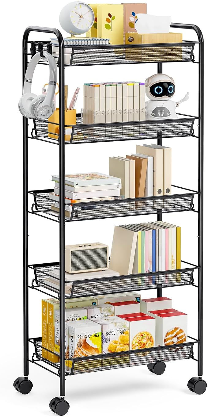 TOOLF 5 Tier Rolling Cart, Metal Utility Storage Cart with Wheels, Black | 3 Hooks, Screwless Assembly, Trolley Organizer for Bathroom, Kitchen, Office, Nursery, Dorm, Laundry Room by TOOLF