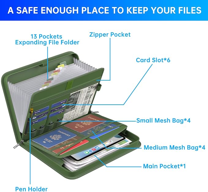 ENGPOW Accordion File Organizer,Fireproof Expanding File Folder with Multi Pockets,13 Pockets Document Organizer with Handle & Labels,Portable Home Travel Safe Storage for Letter A4 Files,Green - Image 4
