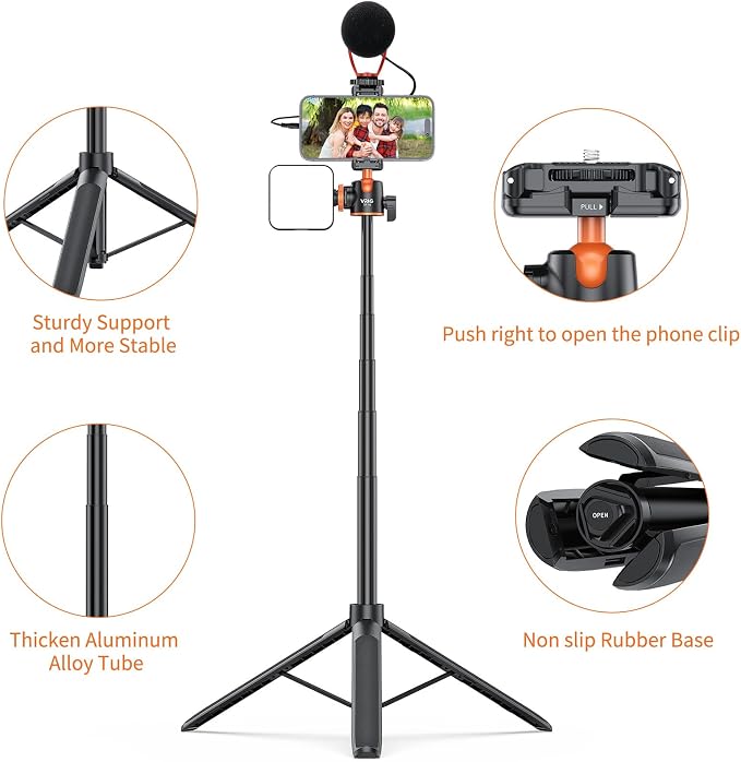 VRIG TP16 Camera Tripod, 55" Extendable Phone Selfie Stick Camera Tripod Stand with 2 in 1 Phone Clip, 5 Levels Adjustment 360° Ball Head Loads Up for DJI OSMO Pocket 4/3 Insta360 X5 iPhone Sony Canon - Image 5