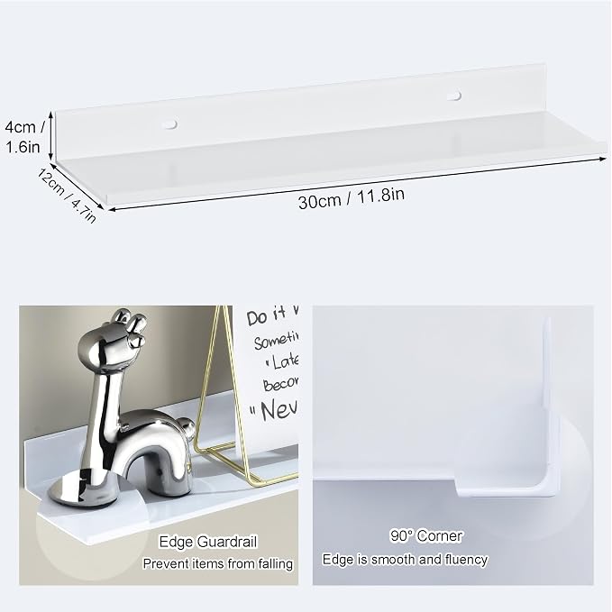 HNVNER Adhesive Floating Shelves for Wall 2 Pack, Metal Shower Shelf 40cm | White Bathroom Wall Shelf, Screw/No Drilling, Renter-friendly, Rustproof & Waterproof, Supports 5kg, Wall Storage Decoration - Image 3