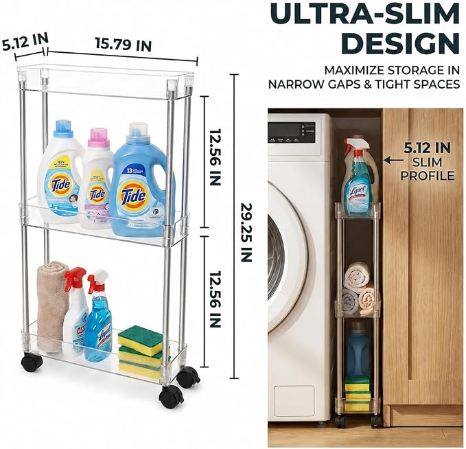 American Dream Home Chrome/Clear Acrylic Slim 3-Tier Rolling Cart Portable Narrow Storage Trolley with Wheels, Transparent Shelves for Bathroom, Kitchen, Office & Small Spaces - Image 2