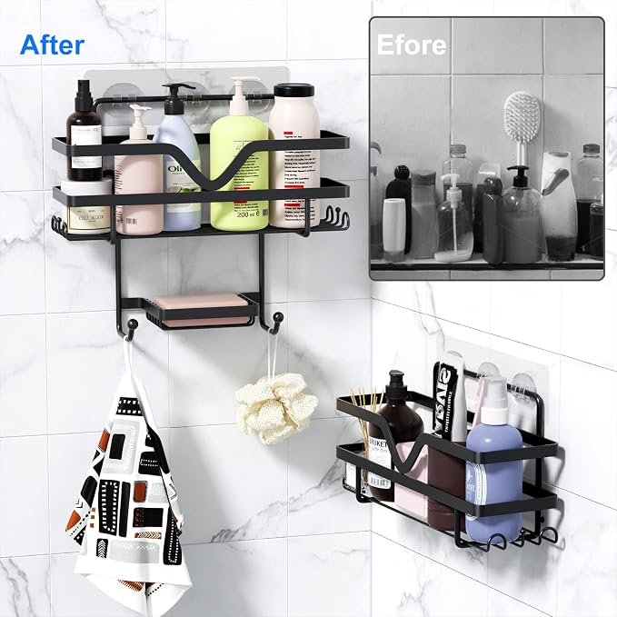 Adhesive Shower Caddy No Drilling Bathroom Organizers, 3 Pack | Self Adhesive Shelf Organizer Rack, Rustproof Shower Storage Rack with Soap Dish, Side Hooks, Large Capacity Bathroom Storage - Image 7