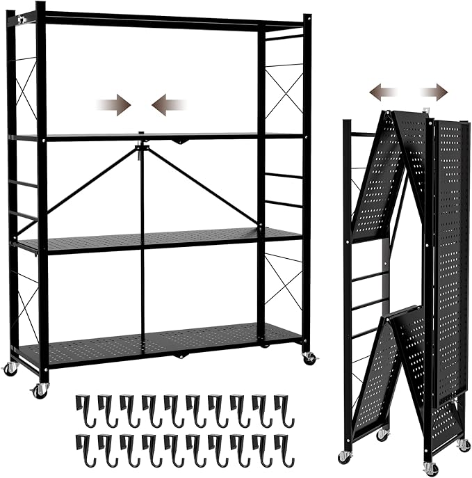 39.4" Wide 4-Tier Foldable Storage Shelves with Wheels & 20 Hooks | Heavy Duty Metal Folding Shelf Unit, No Assembly, Adjustable 3rd Shelf for Kitchen, Garage, Pantry, Bookshelf, Black - Image 8