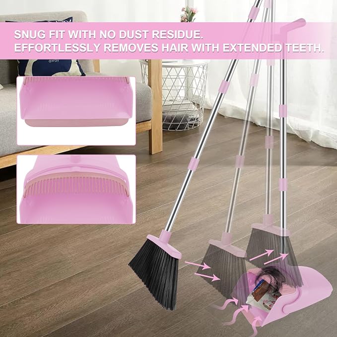 Pink Broom and Dustpan Combo Set, 51" Long Handle Broom with Mini Set | Mini Set for Tables, Kitchens & Tight Spaces, Built-in Comb Dustpan, Foldable Space-Saving Storage, Multi-Surface Use - Image 7