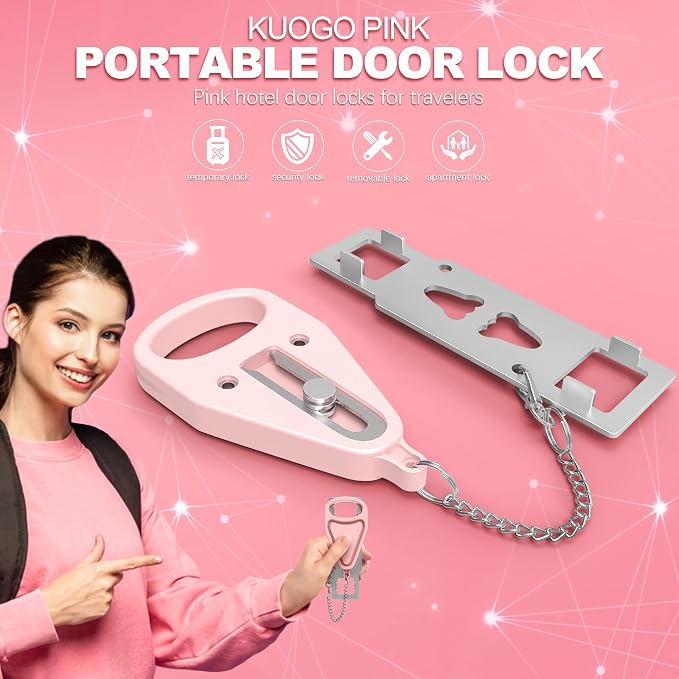 Portable Door Lock for Home Hotel Safety, Door Latch Security Lock for Additional Privacy and Safety in Hotel, Apartment,and College Prevent Unauthorized Enty, Pink 2 Pieces - Image 2