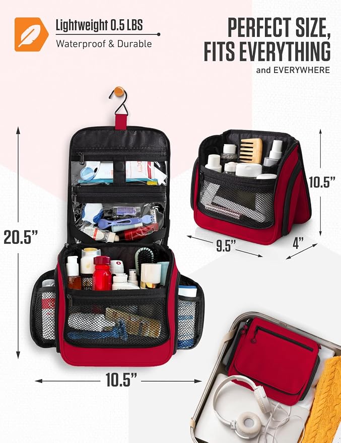 VENTURE 4TH Hanging Travel Toiletry Bag, 18 Compartments - Red | Hangs on rails, hooks or doors; stands upright. Removable TSA pouch. Water-resistant Nylon 290D Twill, reinforced stitching. - Image 2