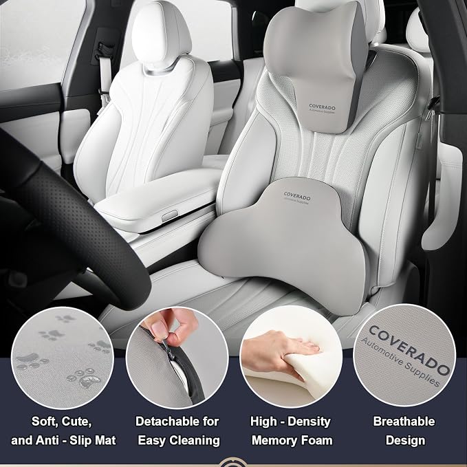 Coverado Lumbar Support and Headrest Pillow for Car, Memory Foam Ergonomic Head Neck Support Pillow for Driving Seat, Back Support and Pain Relief, Seat Cushion for Car, Driver, Office - Image 5