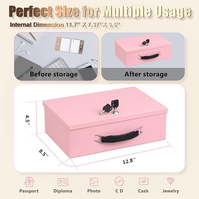 xydled Fireproof Document Box with Key Lock, Fire Safe Box, Pink | Fire and water resistant lock box for documents, passports, cash and valuables, keeping secure at home, 12.8 x 8.5 x 4.5 Inch - Image 5