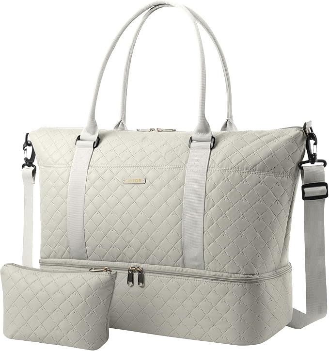 HOTOR Travel Duffel Bag - Weekender Bags for Women, Carry On Gym Tote Bags | with Toiletry Bag & Shoe Compartment, Overnight Bag for Travel Essentials and Travel Accessories, Beige, 13.4"×17.3"×7.9" by HOTOR