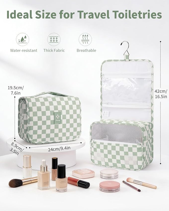 Narwey Small Hanging Travel Toiletry Bag for Traveling Women, Checkered Travel Bag for Toiletries, Makeup Bag Organizer Make Up Cosmetic Bags, Gifts for Kids Teen Girls (Mint Green Checkerboard) - Image 2