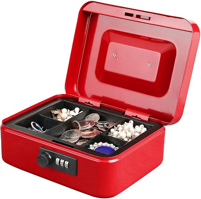 Jssmst Medium Cash Box with Combination Lock - Durable Metal Cash Box with Money Tray Red, 7.87 x 6.3 x 3.35 inches, CB0703M - Image 5