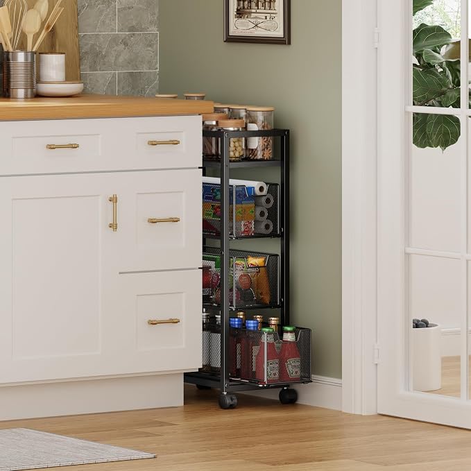 4 Tier Narrow Kitchen Rolling Cart, 9.1" Wide Slim Kitchen Storage Cart with Pull-Out Baskets, Adjust Pantry Organizer and Storage Cart with Wheels, Multifunctional Fruit Vegetable Spice Storage Cart - Image 5
