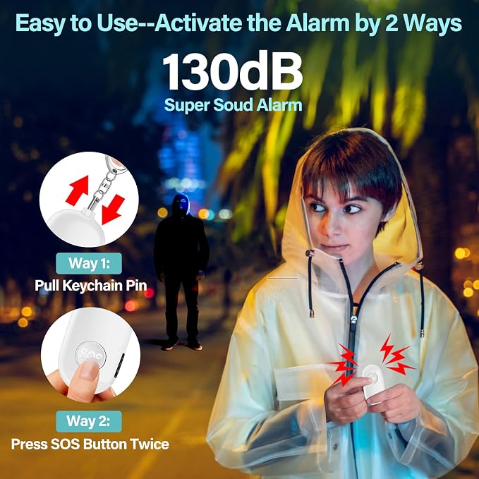 Hion Personal Safety Alarm for Women, Rechargeable 130dB Self Defense Alarm Keychain with LED Flashlight, Emergency Safe Sound Security for Children Elderly College Girls Men, White - Image 2