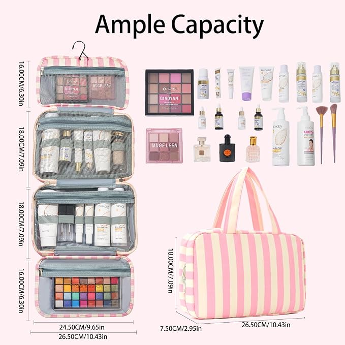 Toiletry Bag for Women Travel Water-resistant Cosmetic Bag Fashion Stripes Makeup Bag with Hanging Hook Preppy for Store Toiletries Cosmetic Accessories Medium Pink - Image 4