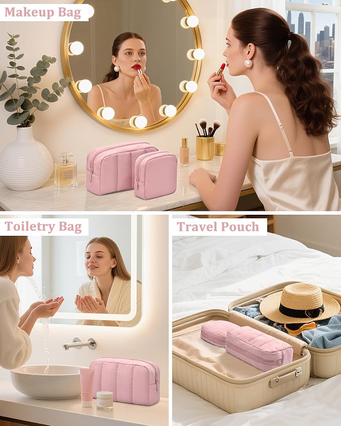 2 Pcs Makeup Bag Travel Toiletry Bag for Women Puffy Padded Cosmetic Pouch Purse Wide-open Makeup Organizer Case Travel Essentials - Image 6