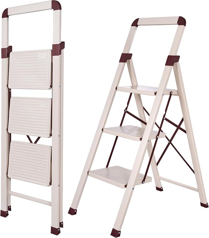 Step Ladder 3-Step White Finish Folding Ladders | Anti-slip Sturdy Foldable Ladder Step Stool for Kitchen Home Office Libaray by BIBKOKE