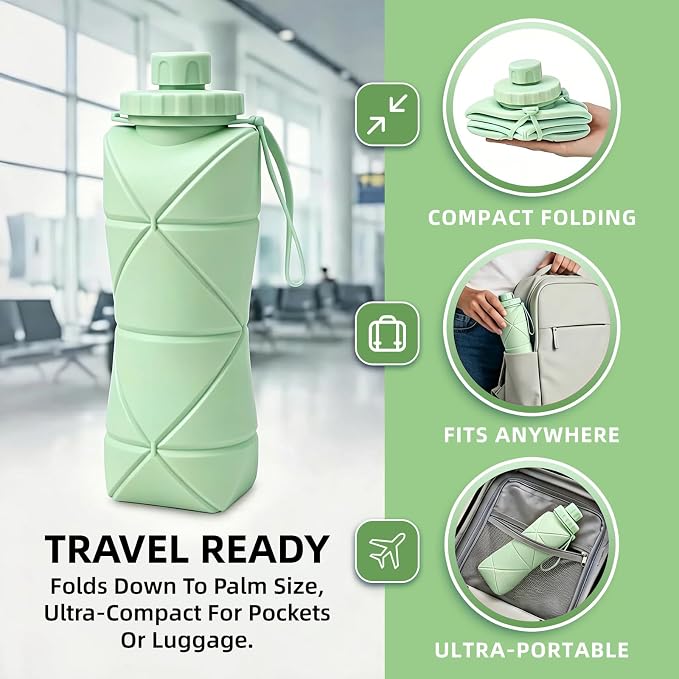 Collapsible Travel Water Bottle 28oz (800ml), BPA-Free, Foldable Silicone Lightweight Reusable Water Bottle with Leak-Proof Lid & Lanyard, Portable for Travel Cycling Gym Camping - Image 8