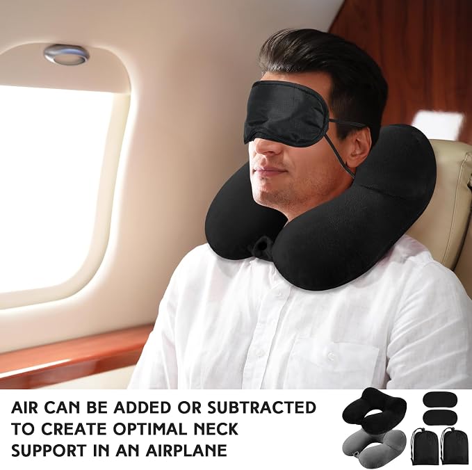 Sintuff 2 Pack Inflatable Travel Pillow for Airplanes Inflatable Neck Flight Pillows with Compact Bag and Blindfold for Traveling, Airplane, Train, Car, Office(Black and Dark Gray) - Image 4