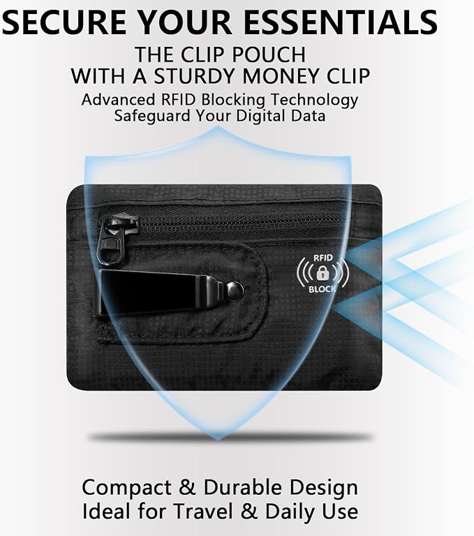 KOSMCCO RFID Blocking Clip Stash Pocket Travel Belt Wallet, Black, Medium | Compact Hidden Design, For Cards & Cash, Slim Pickpocket-Proof, Everyday Carry - Image 3