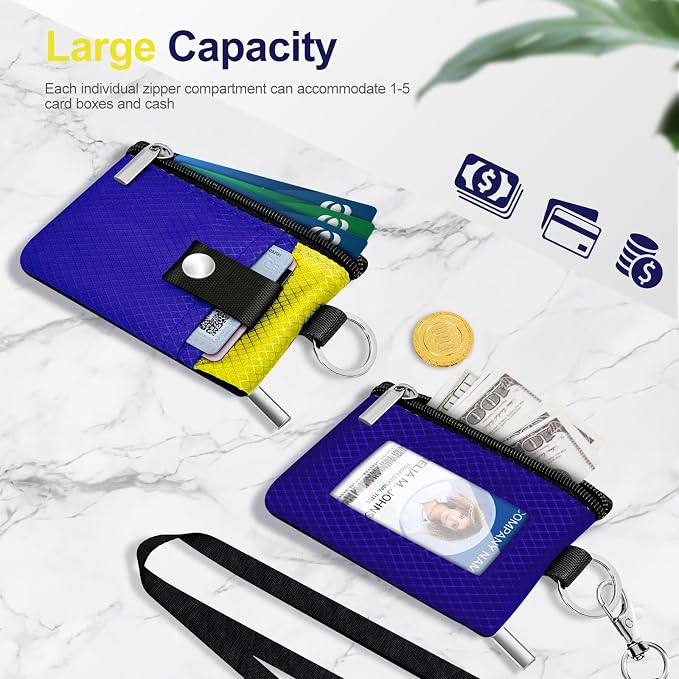 Minimalist RFID Blocking Small Wallet with ID Window,WaterResistant Zip Id Case Wallet with Lanyard Keychain for Cards,Cash,Travel,Women,Men (Sapphire Blue/Lemon Yellow) - Image 7