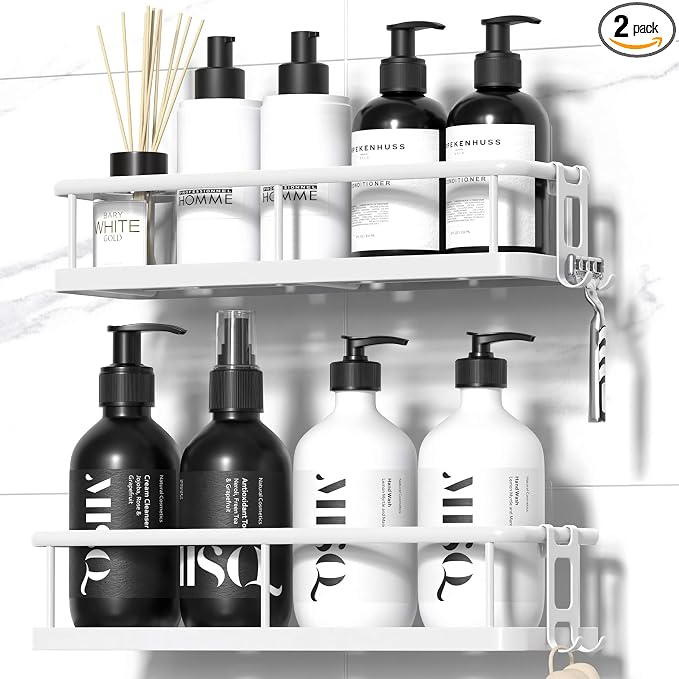 Shower Caddy Adhesive, Rustproof Shower Organizer, Large Capacity Shower Shelves for Inside Shower, No Drilling Bathroom Organizers and Storage for Home Decor （2 Pack White） by YASONIC