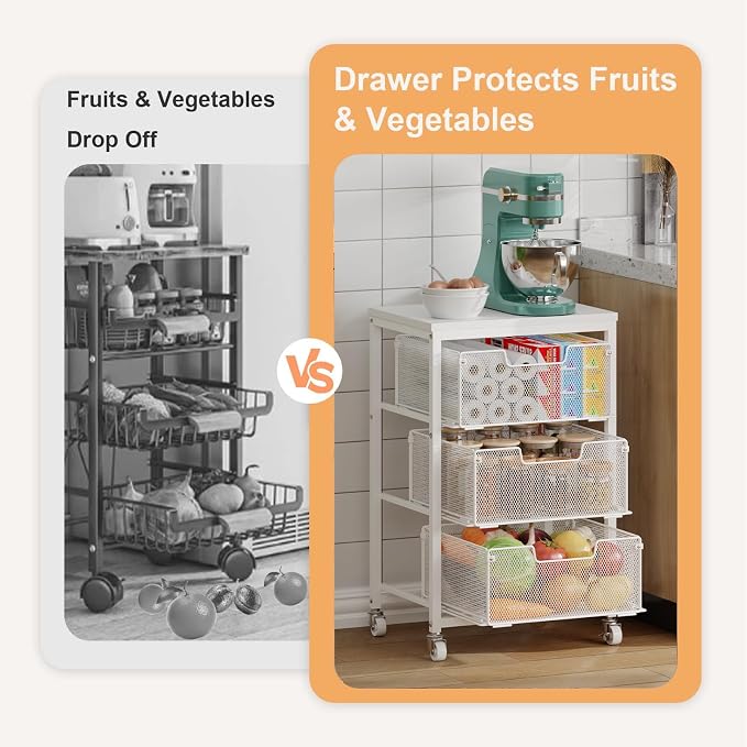 Kitchen Cart with Storage, 3-Tier Pantry Organizer and Storage Cart with Drawer, Fruit Vegetable Storage Cart with Wheels, Wooden Top Metal Wire Kitchen Organizer Rack Stand for Snack Onion Potato - Image 6
