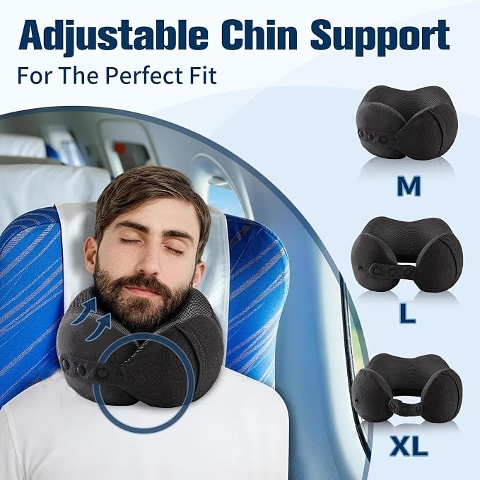 Cirorld Neck Pillow for Traveling, Travel Pillows for Airplanes,100% Pure Memory Foam Travel Neck Pillow, Adjustable Flight Pillow, Portable Plane Accessories with Eye Mask, Earplugs, Carry Bag - Image 3