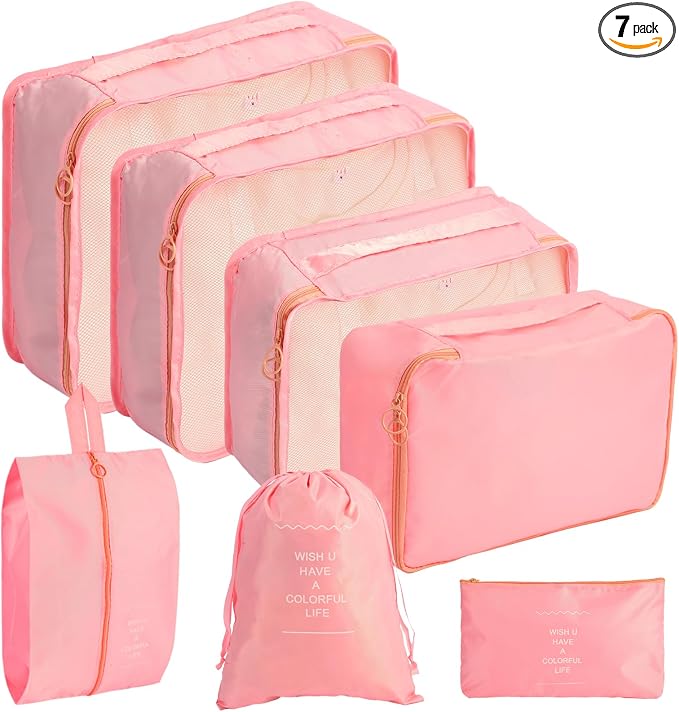 7PCS Packing Cubes for Suitcases, Travel Luggage Organizer Bags, Suitcase Organizer Bags Set for Carry on Luggage Travel Essentials, Pink by SECALIFE