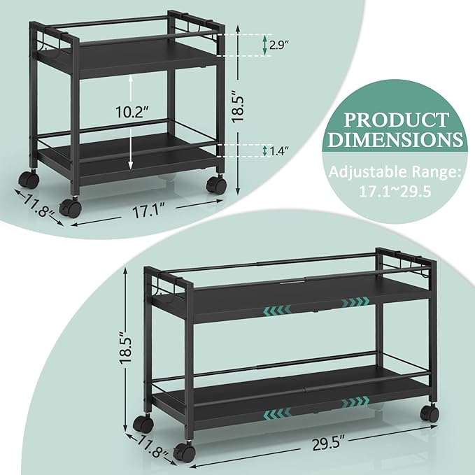 2-Tier Expandable Rolling Pantry Cart with Wheels, Adjustable Floor Organizer for Kitchen Pantry, Can Organizer for Pantry, Storage Cart for Snack, Food, Vegetables, Black, Patent Pending - Image 3