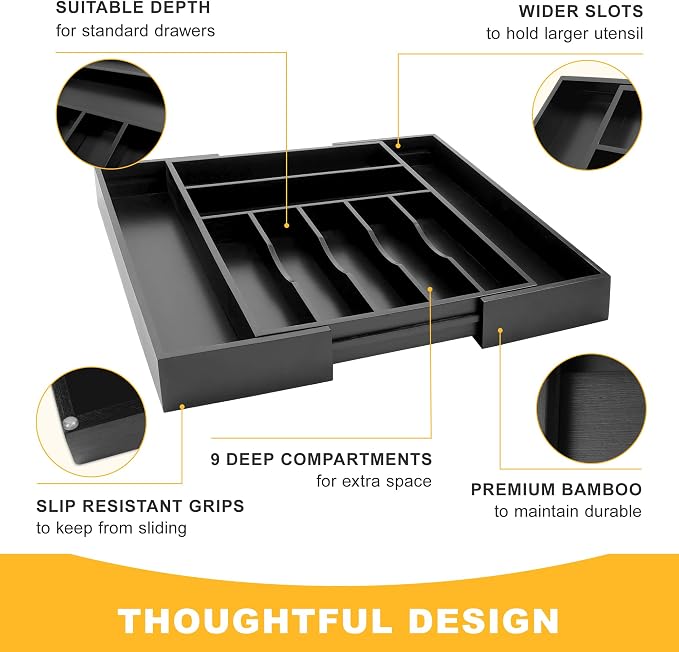 Large Premium Bamboo Silverware Organizer - Expandable Drawer Organizer & Utensil Organizer - 17"x19.7" Cutlery Tray with Dividers for Kitchen Utensils and Flatware (7-9 Slots) (Black) - Image 6