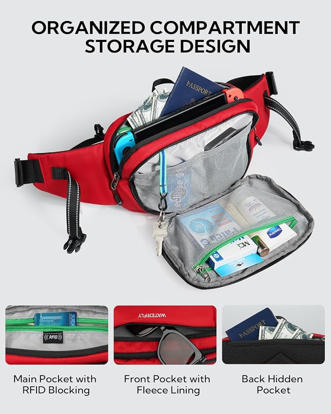 WATERFLY Fanny Pack Waist Bag: 3L Large RFID Anti-Theft for Travel | 180-Degree Opening Design, 5 Pockets, Nylon, Reflective Webbing, Adjustable Buckles, Hiking Daily Use, Women Men - Image 4