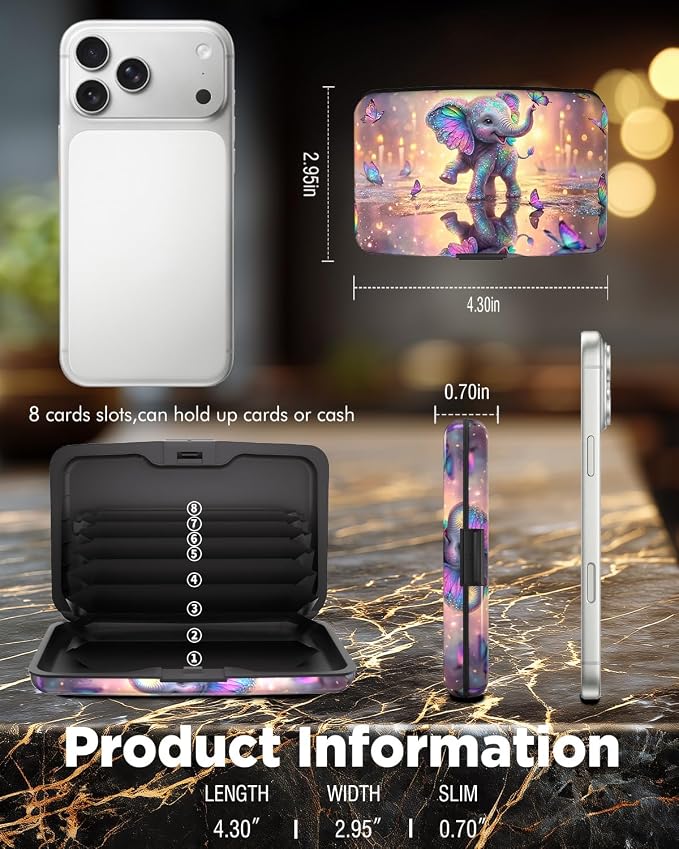 Maicican RFID Blocking Aluminum Credit Card Holder | Slim Metal Wallet for Women & Men, Business Card Case for Travel, Fits Front Pocket, Card holder wallet - Colorful Elephant - Image 6