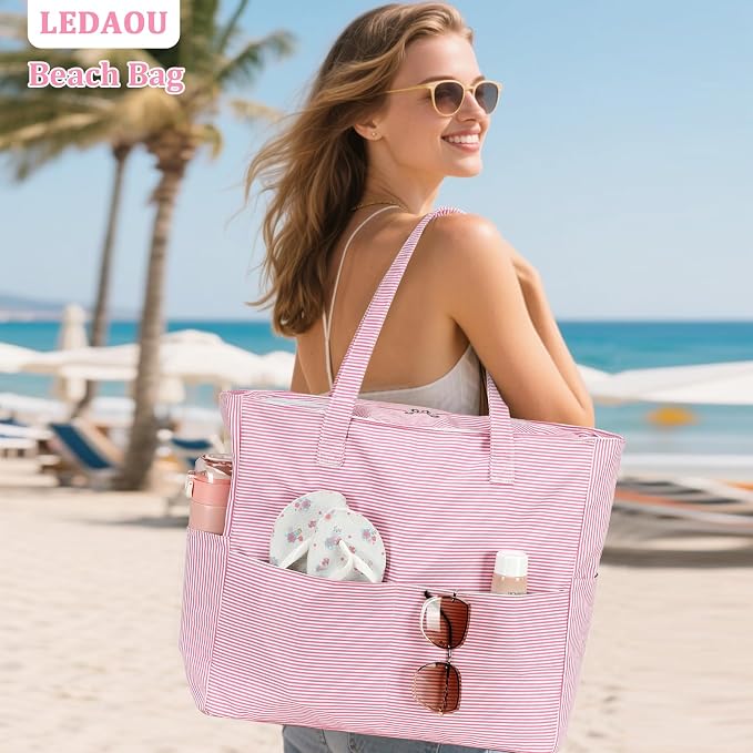 LEDAOU Beach Bag Waterproof Sandproof Women Beach Tote Pool Bag with Zipper for Swim Gym Grocery Travel with Wet Pocket | Sandproof - Image 2