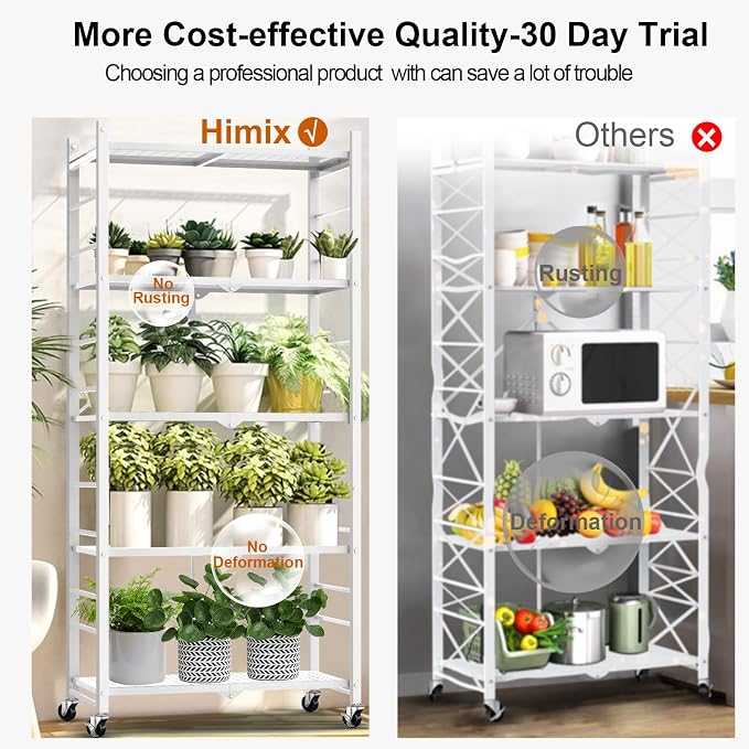 Himix 5-Tier Foldable Storage Shelves 20 Hooks Wheels White No Assembly | Folding shelving units, Metal collapsible organization, Wire rack, Unit rolling cart, Bookshelf, Kitchen, Home, Holds 440 Ibs - Image 6