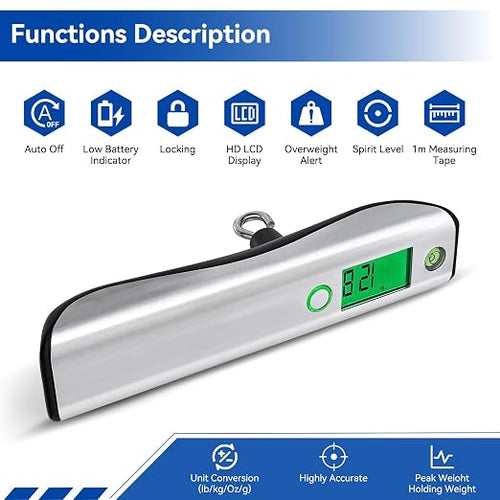 110lb Digital Luggage Scale with Overweight Alert for Air Travel | Bubble Level, 3 ft Tape Measure, Backlit LCD Display, Portable Handheld Hanging Scale for Travel, Fishing, Hunting, Home Use - Image 2