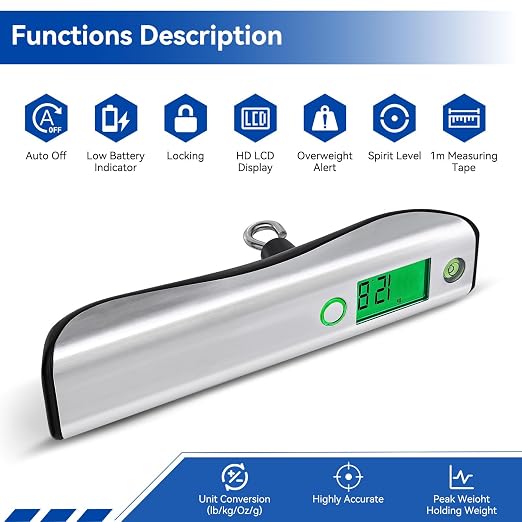 110lb Digital Luggage Scale with Overweight Alert for Air Travel | Bubble Level, 3 ft Tape Measure, Backlit LCD Display, Portable Handheld Hanging Scale for Travel, Fishing, Hunting, Home Use - Image 2