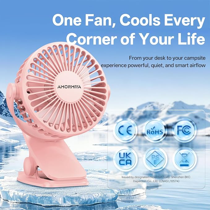 Portable Clip on Fan Rechargeable Mini for Desk Golf Camping Pink | 4000mAh 20H Battery, Quiet Brushless Motor 4.5m/s, One-Click Shutdown, 3 Speeds, Detachable Cover, Type-C Charge, 360° Rotate - Image 4
