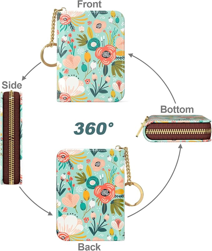 Nipichsha Women's Credit Card Holder Wallet, Green Flower, Leather, Compact, Slim, 12-Slot, RFID Blocking | Leather Card Holder Wallet, Credit Card Wallet Organizer, Business Card Case with Zipper & Keychain, 12-Slot Compartment - Image 2