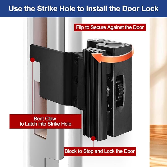 Home/Hotel Security Extra Door Lock, Portable, Flip Action Style | All-Metal Construction, Adjustable, with Storage Pouch, Travel Safety Device, Black - Image 2