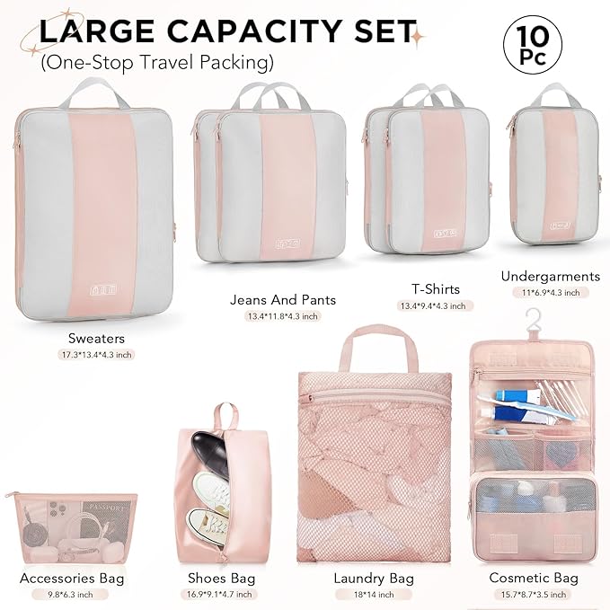 10 Set Compression Packing Cubes for Travel Gifts Mom Women,OlarHike Luggage Clothes Garment Bags for Travelers,Airplane/Cruise/Car Travel Essentials,Compressible Expandable Saver Space Bags(Beige) - Image 2