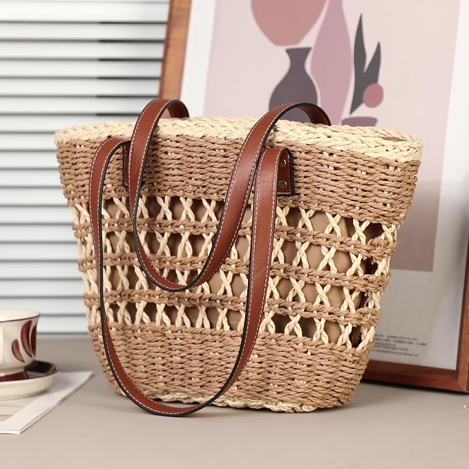 Tavaleu Straw Beach Bags for Women Tote Handbag Shoulder Hobo Bucket Bag | Lightweight, Foldable, PU Straps, Magnetic Closure, Zip Pocket, Reinforced Bottom, Summer Purse, Travel, Vacation, Daily Use - Image 3