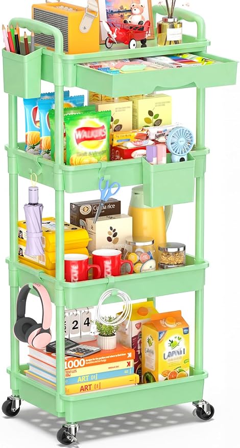 SUNALLY 4 Tier Rolling Cart with Drawer, Craft Storage Cart Organizer,Green | Bathroom Storage Organizer with 2 Lockable Wheels, Rolling Utility Cart for Kitchen, Office, Baby, Makeup, Nail,Snack,Laundry by SUNALLY