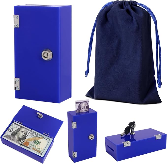 Acrylic Cash Box for Gambler Pocket Size, Winners Bank with 2 Keys Storage Bag, Compact Portable Secure Money Organizer Safe Lock Box for Casino, Control Gambler,Navy Blue,1 Pack by ClarityCraze