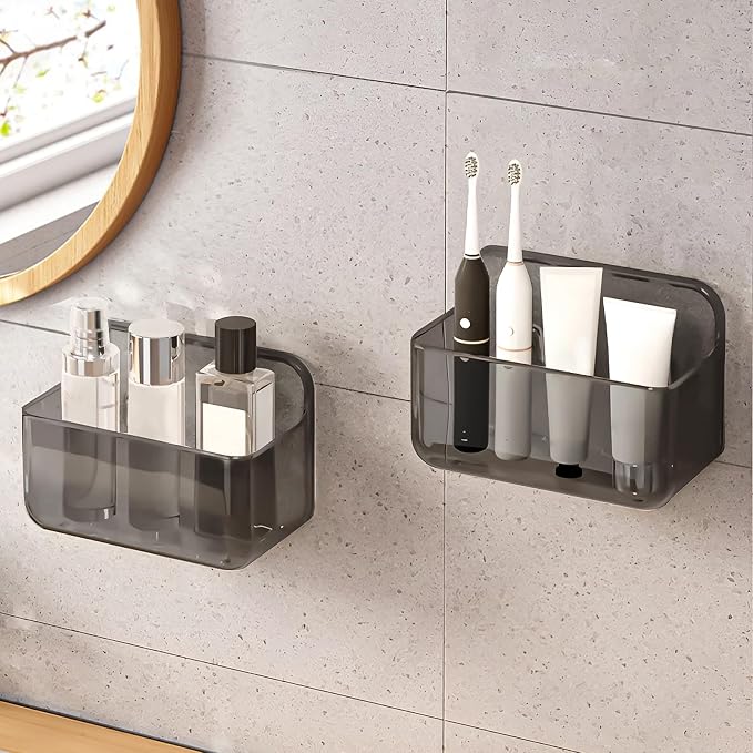 CGBE 2-Pack Cabinet Door Organizer, Self Adhesive Bathroom Shelves, Gray | Acrylic Shower Caddy, Wall Mounted Storage, No Drilling, Automatic Draining, For Cabinet Door and Shower Wall by CGBE