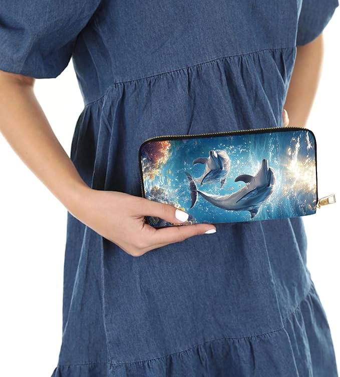 Women's RFID Blocking PU Leather Zip-Around Wallet, Large Capacity Clutch with Phone Holder, Travel Purse & Card Organizer with Removable Wristlet,Cute Dolphins - Image 6